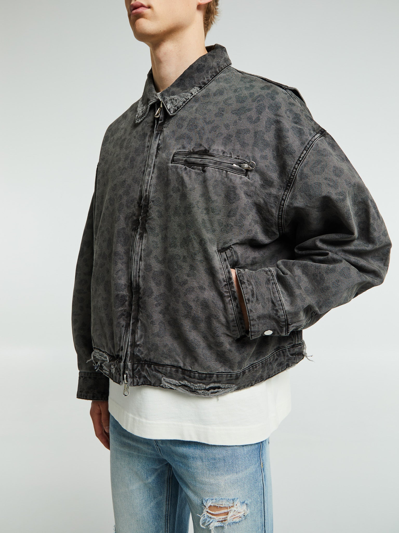 Cole Buxton - Leopard Distressed Trucker Jacket in Washed Black