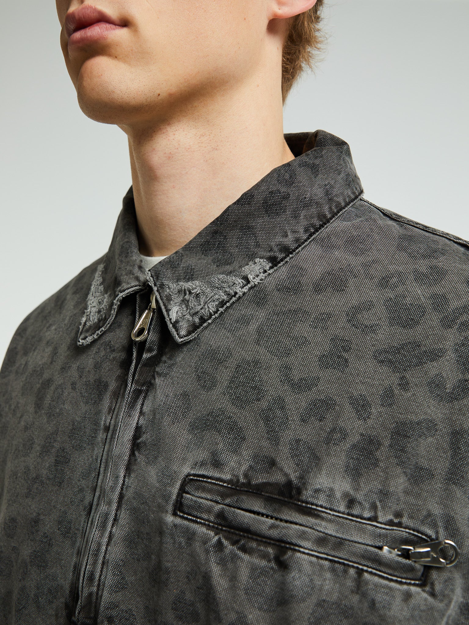 Cole Buxton - Leopard Distressed Trucker Jacket in Washed Black