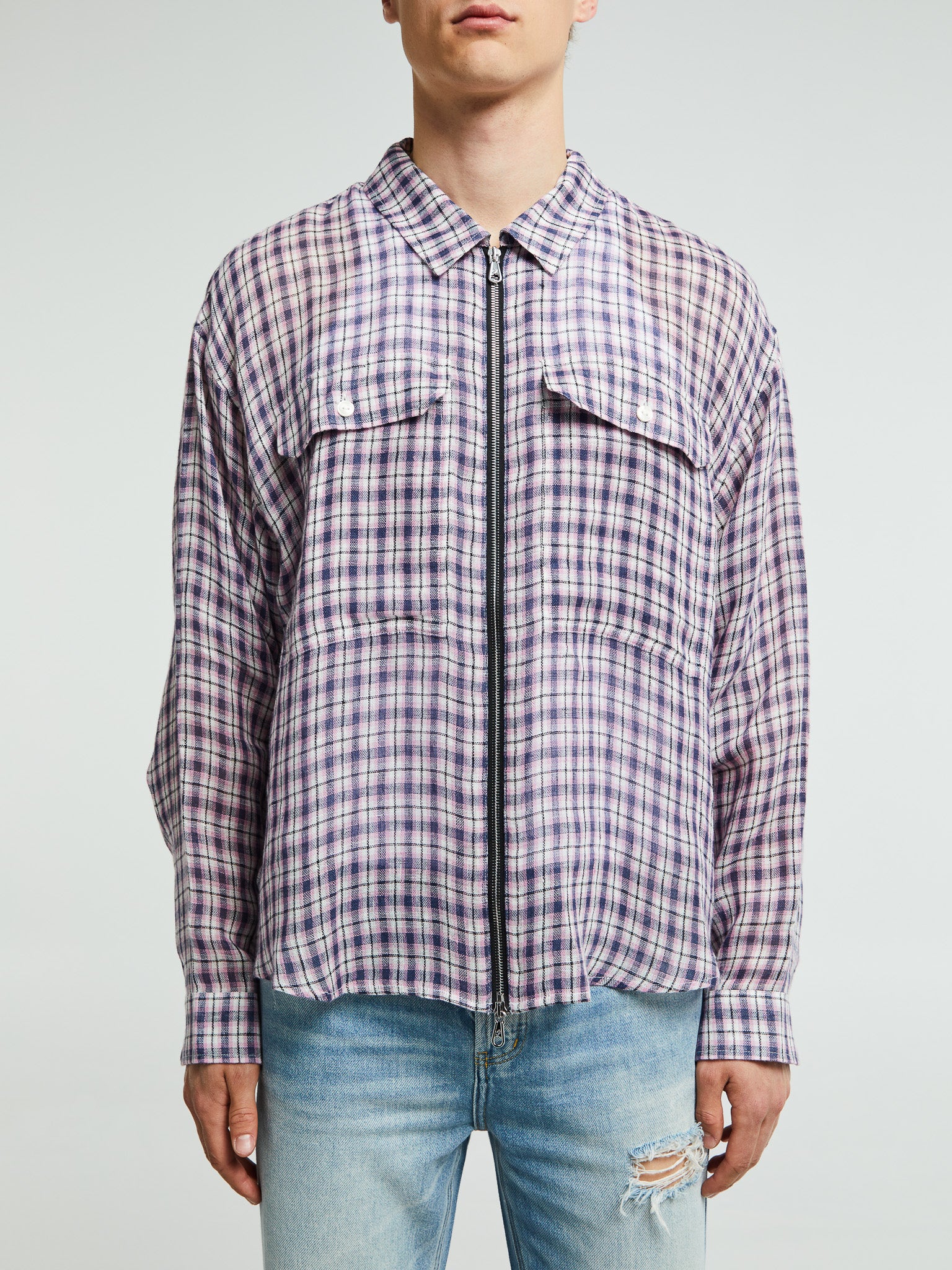 Cole Buxton - Linen Flannel Zipped Shirt in Pink, Blue and Natural