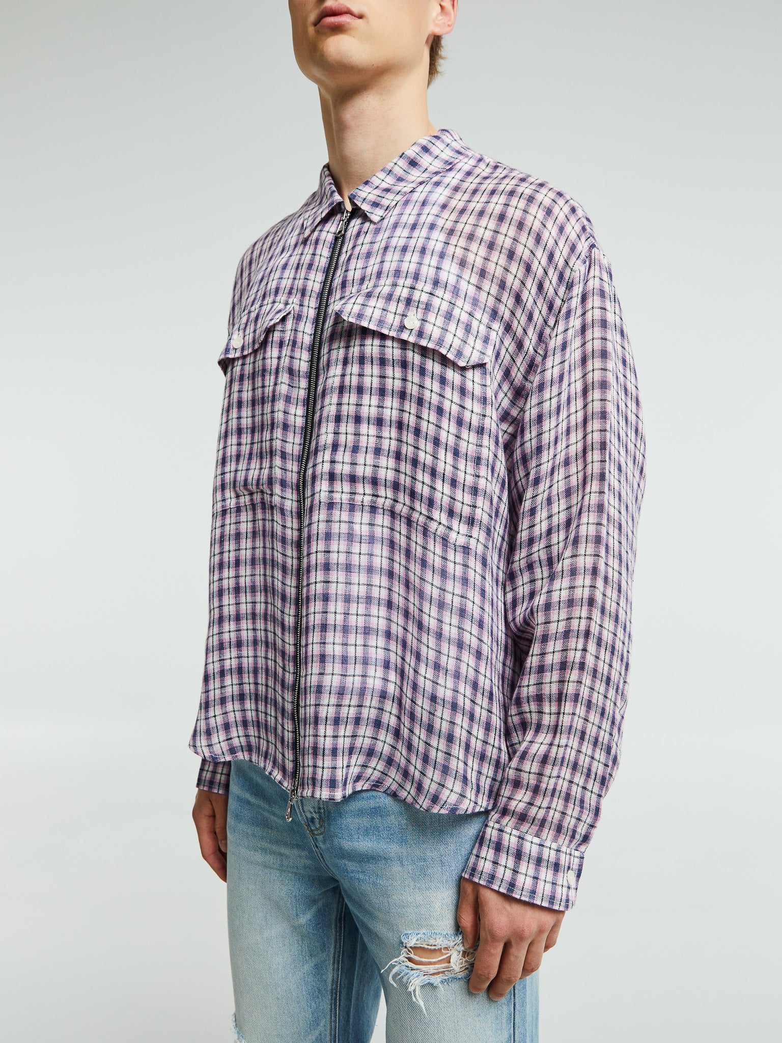 Cole Buxton - Linen Flannel Zipped Shirt in Pink, Blue and Natural