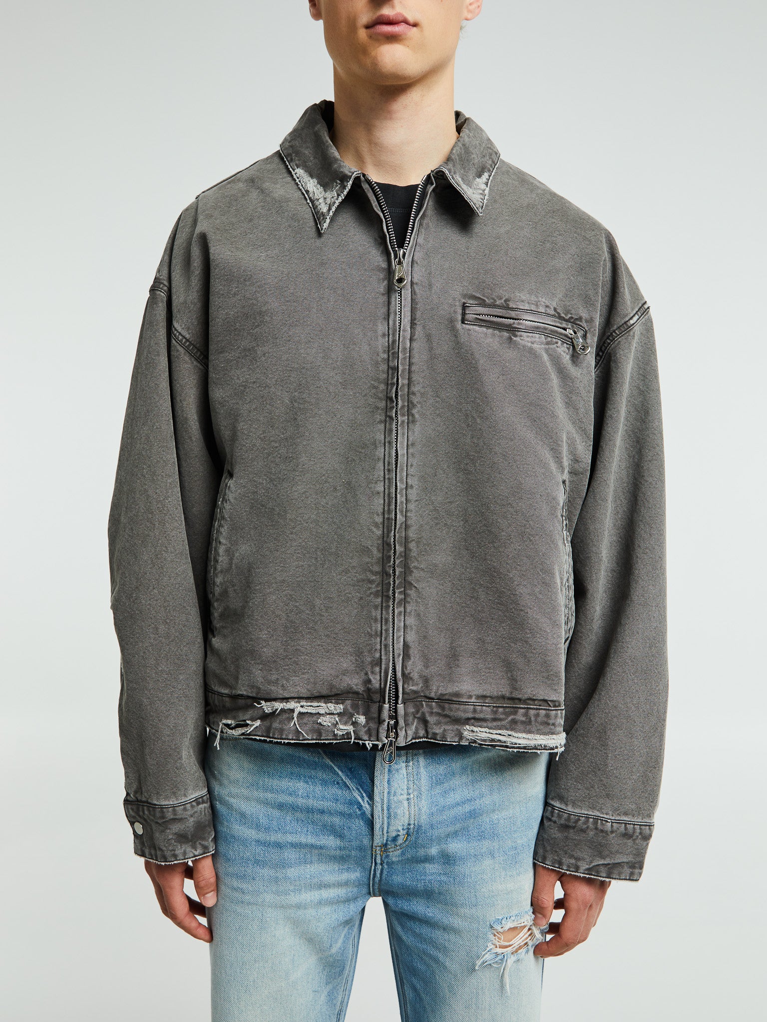 Cole Buxton - Distressed Trucker Jacket in Black