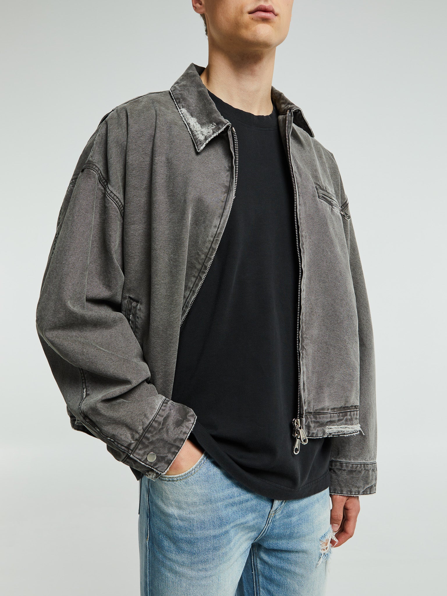 Cole Buxton - Distressed Trucker Jacket in Black