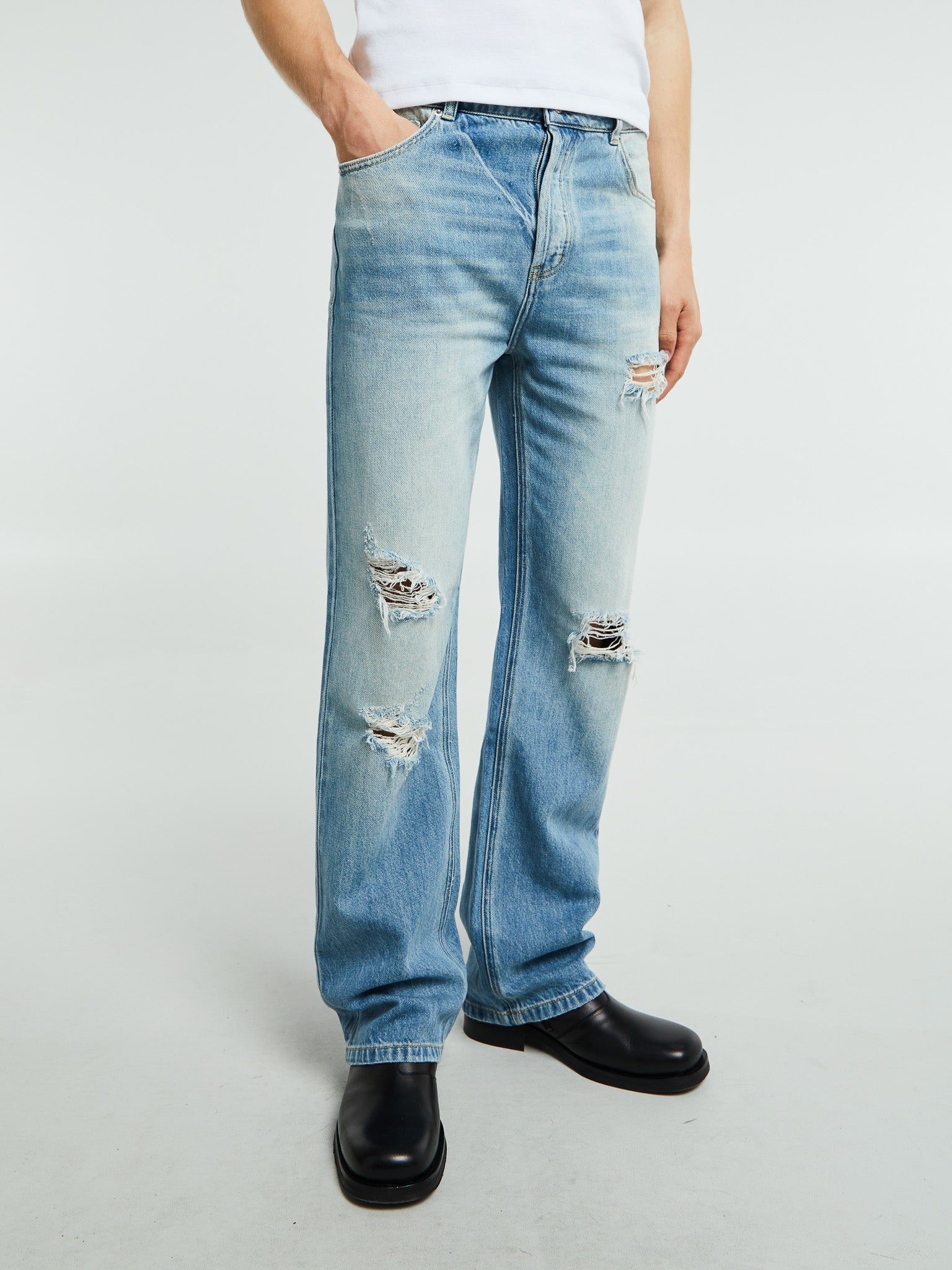 Cole Buxton - Relaxed Distressed Front Jeans in Blue