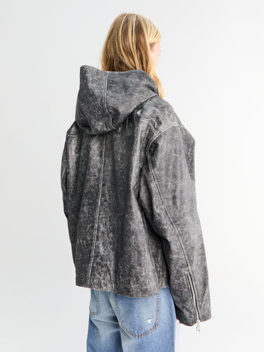 Hooded Leather Jacket in Black