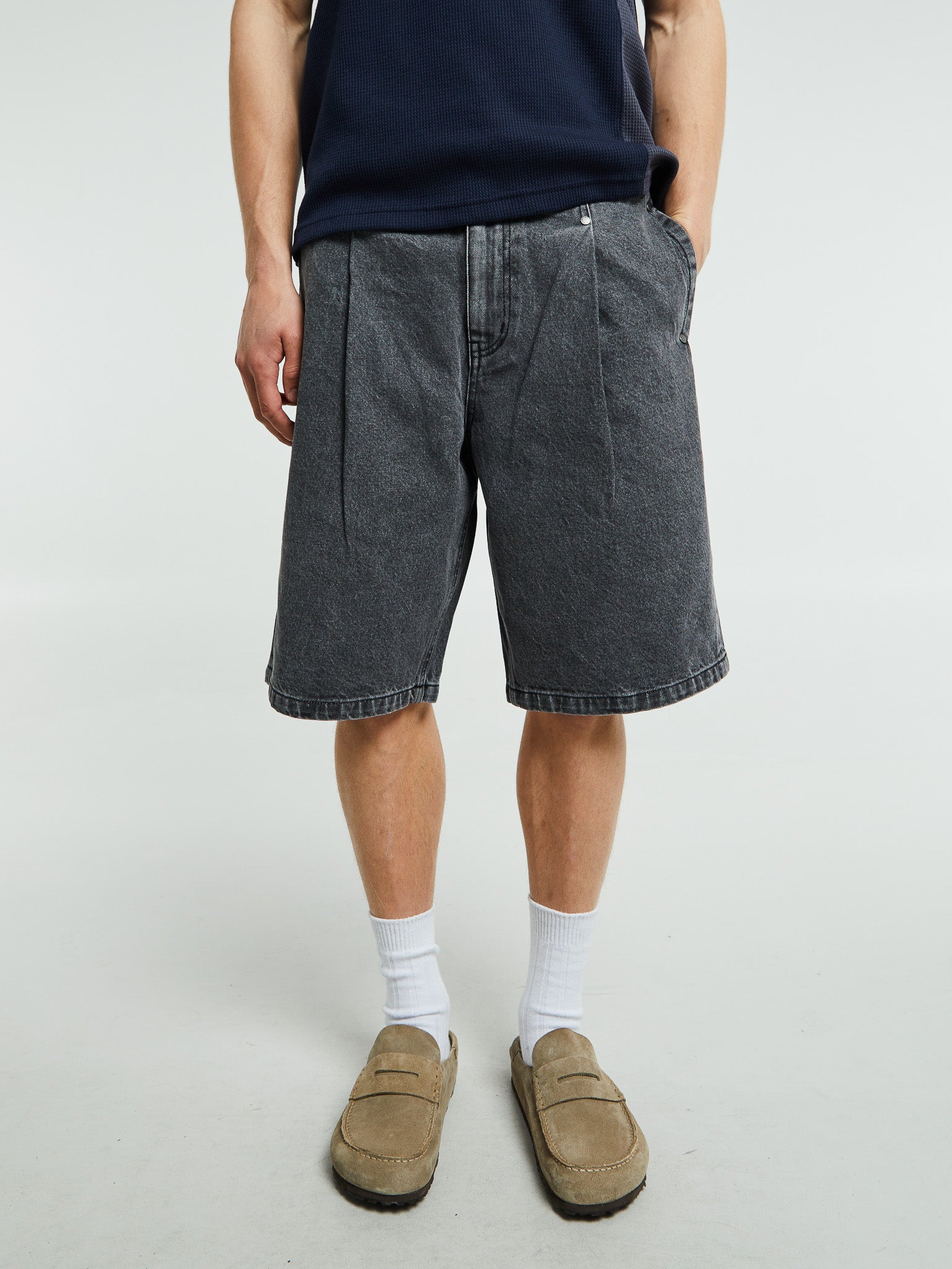 Dime - Pleated Denim Shorts in Faded Black