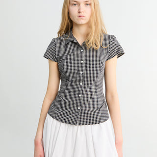 Dunst - Cap Sleeve Slim Shirt Blouse in Black Check