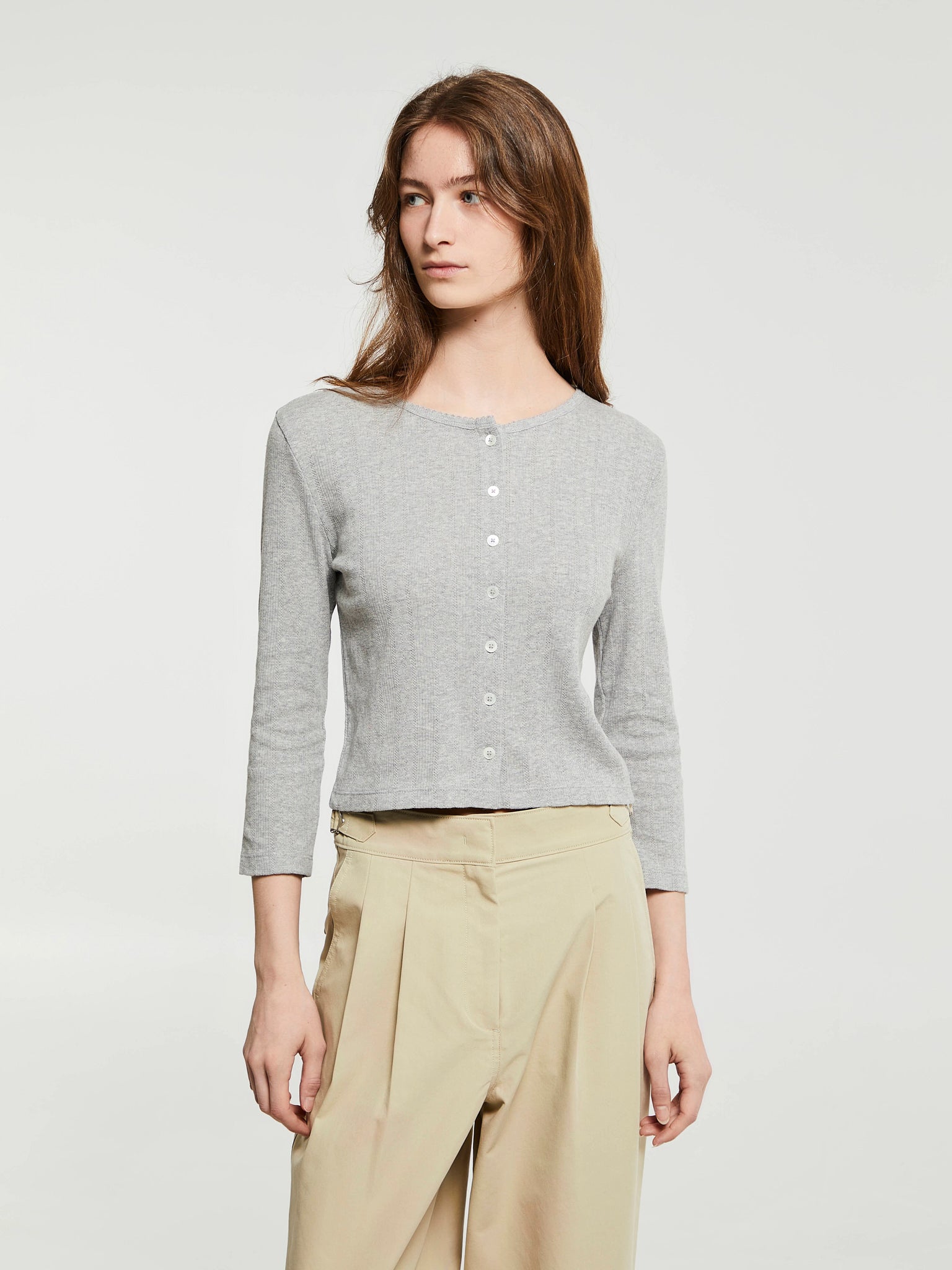 Dunst - Pointelle Crewneck Cardigan in Melange Grey