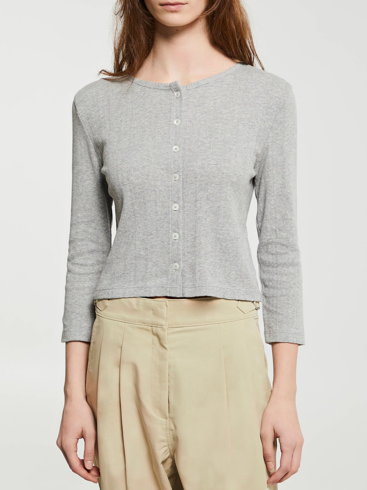 Dunst - Pointelle Crewneck Cardigan in Melange Grey