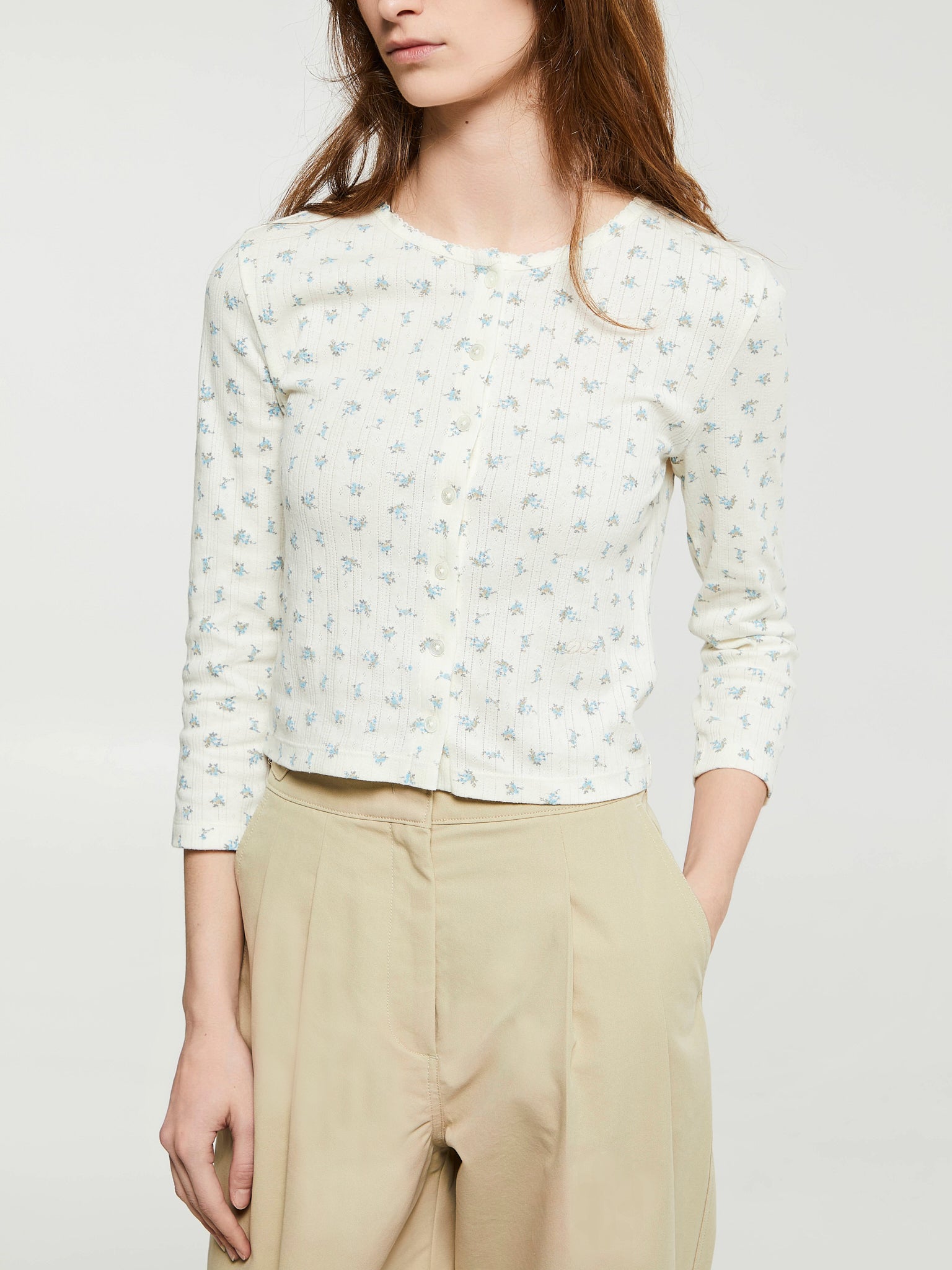 Dunst - Pointelle Crewneck Cardigan in Cream/Flower