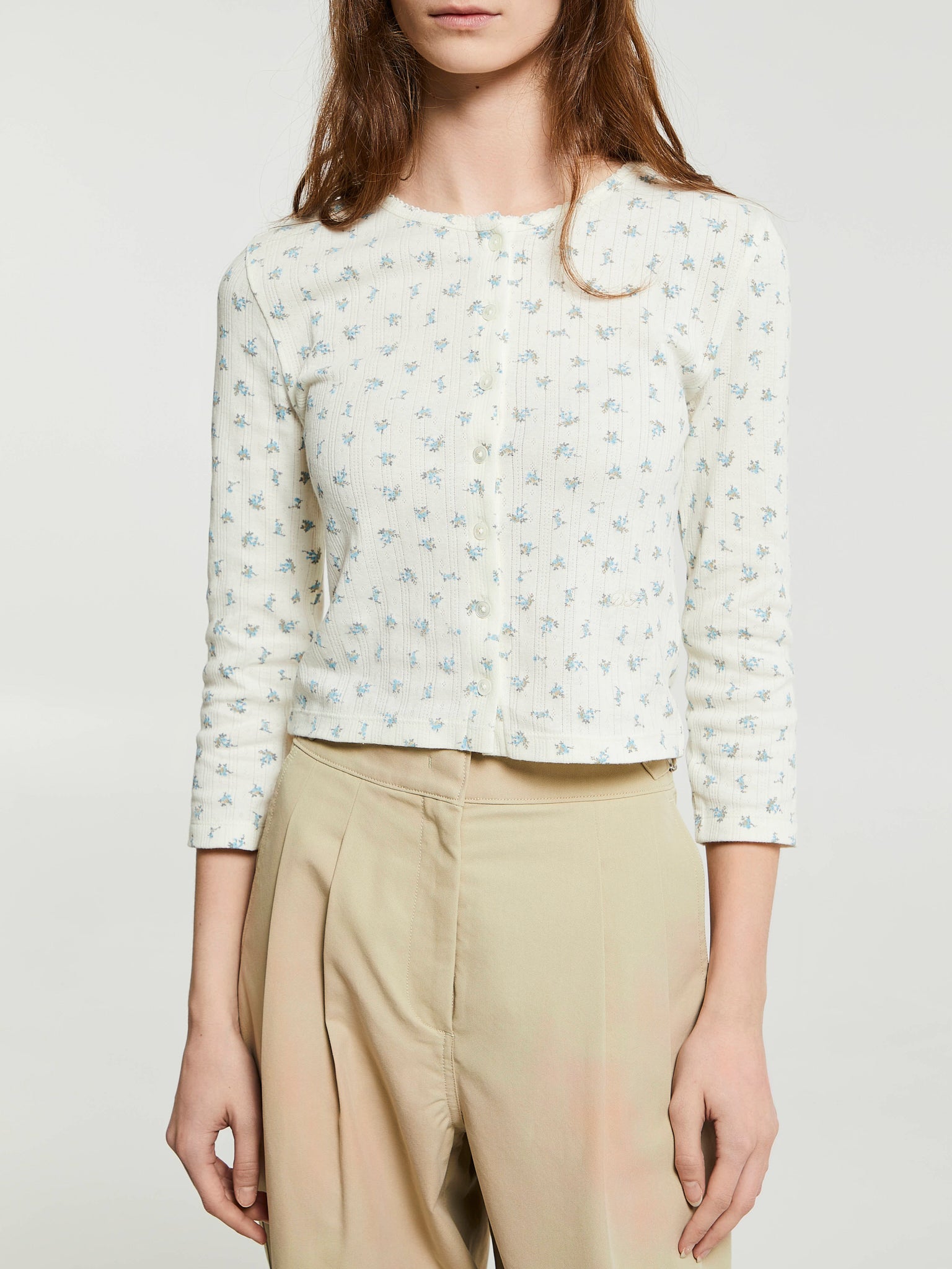 Dunst - Pointelle Crewneck Cardigan in Cream/Flower