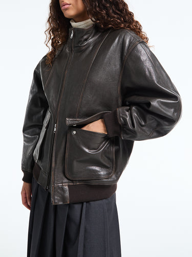 Dunst - Unisex Stand Collared Leather Blouson Jacket in Dark Brown