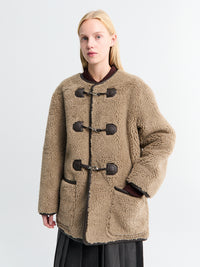 Dunst - Collarless Buckled Shearling Jacket in Khaki Beige