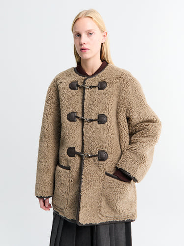 Dunst - Collarless Buckled Shearling Jacket in Khaki Beige