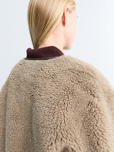 Dunst - Collarless Buckled Shearling Jacket in Khaki Beige