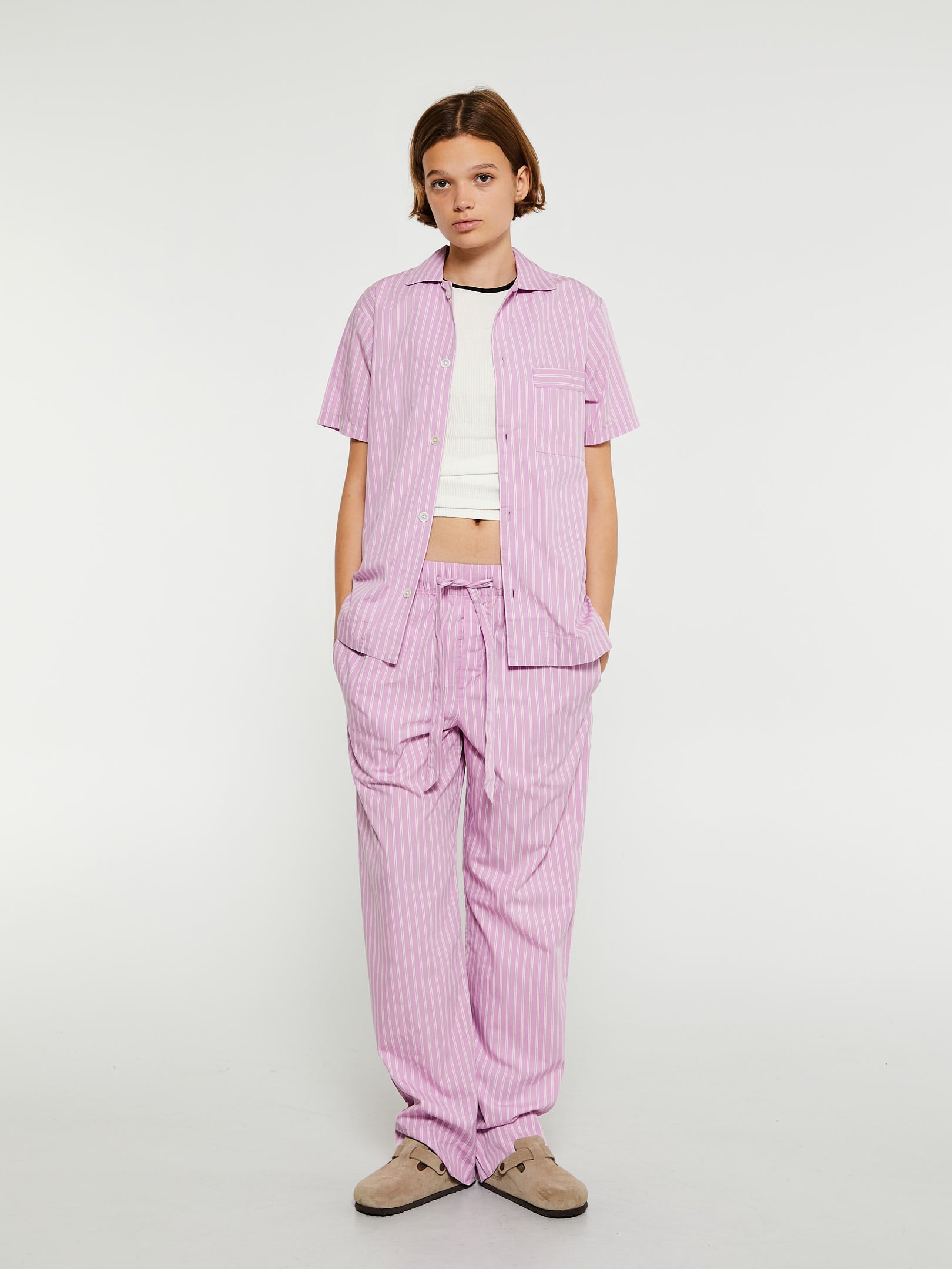 Poplin Pyjamas Short Sleeve Shirt in Purple Pink Stripes
