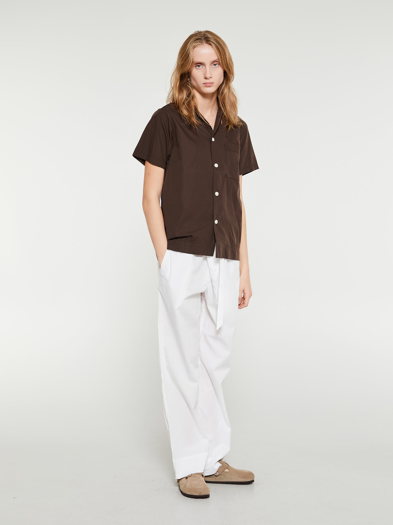 Poplin Pyjamas Short Sleeve Shirt in Coffee
