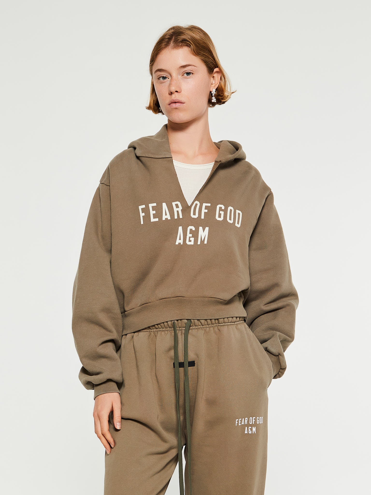 Fear of God - Heavy Fleece Cropped V-Neck Hoodie in Military