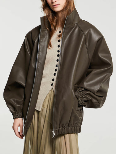 The Frankie Shop - Senta Faux Leather Bomber in Khaki Brown