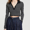 The Frankie Shop - Giselle Cropped Striped Knit Polo in Black and White Stripes