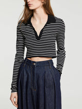 The Frankie Shop - Giselle Cropped Striped Knit Polo in Black and White Stripes
