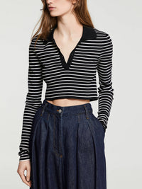 The Frankie Shop - Giselle Cropped Striped Knit Polo in Black and White Stripes