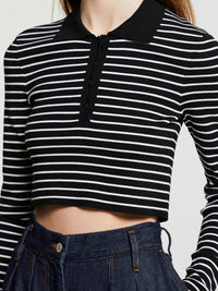 The Frankie Shop - Giselle Cropped Striped Knit Polo in Black and White Stripes