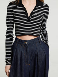 The Frankie Shop - Giselle Cropped Striped Knit Polo in Black and White Stripes