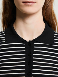 The Frankie Shop - Giselle Cropped Striped Knit Polo in Black and White Stripes