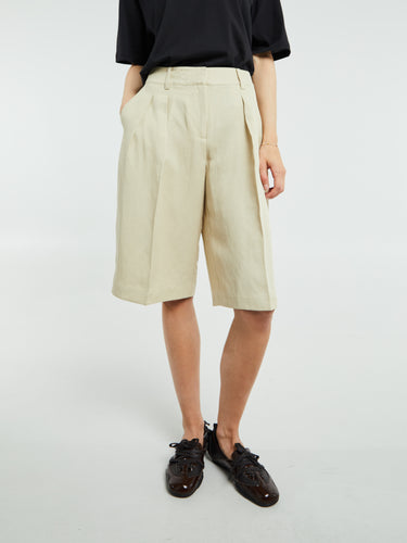 The Frankie Shop - Bilbao Linen Pleated Bermuda Shorts in Cement