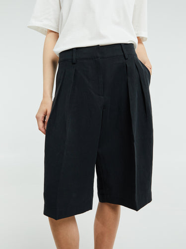 The Frankie Shop - Bilbao Linen Pleated Bermuda Shorts in Black