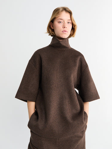 The Frankie Shop - Delancey Mock Neck Wool Top in Brown Melange