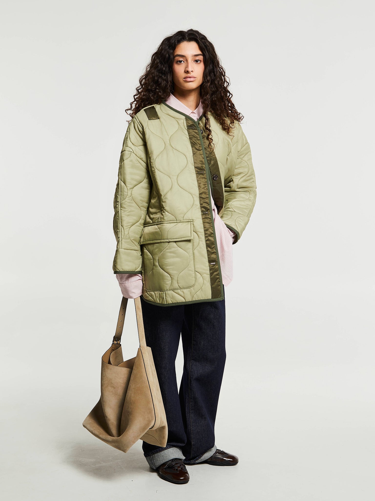 The Frankie Shop - Teddy Oversized Collarless Quilted Jacket in Moss Green