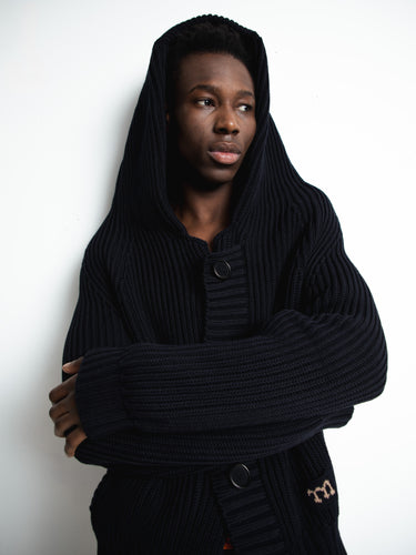 Meta Campania Collective - Michel Exaggerated Rub Organic Cotton Hooded Cardigan in Midnight Blue