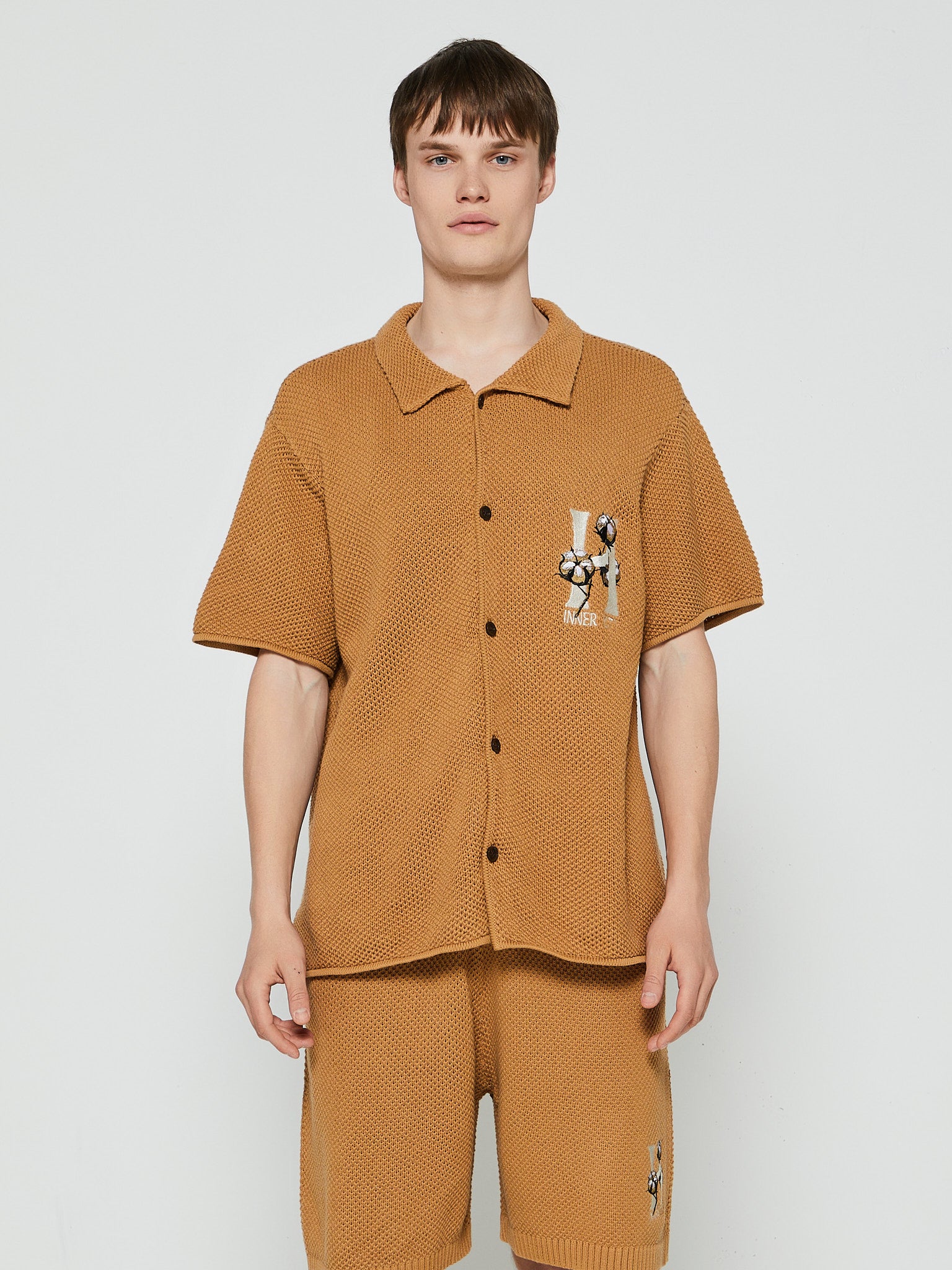 Honor The Gift - Knit H Short Sleeved Button Up Shirt in Caramel