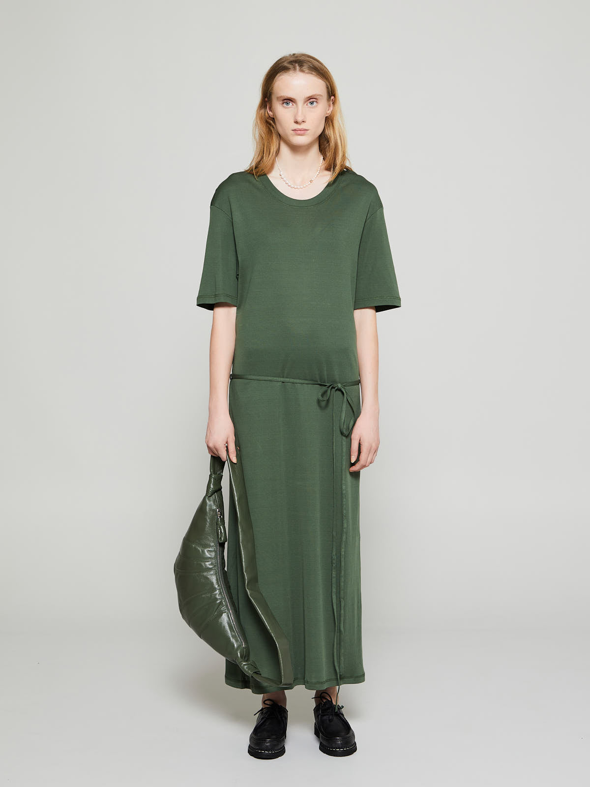Belted Rib T-Shirt Dress in Smoky Green