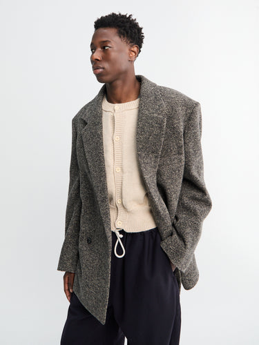 Lemaire - Short Double Breasted Coat in Black and Beige Melange