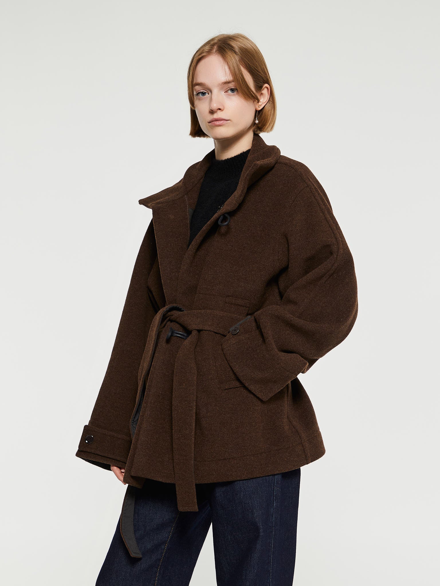 Lemaire - Short Bathrobe Duffle Coat with Contrast Stitch in Brown