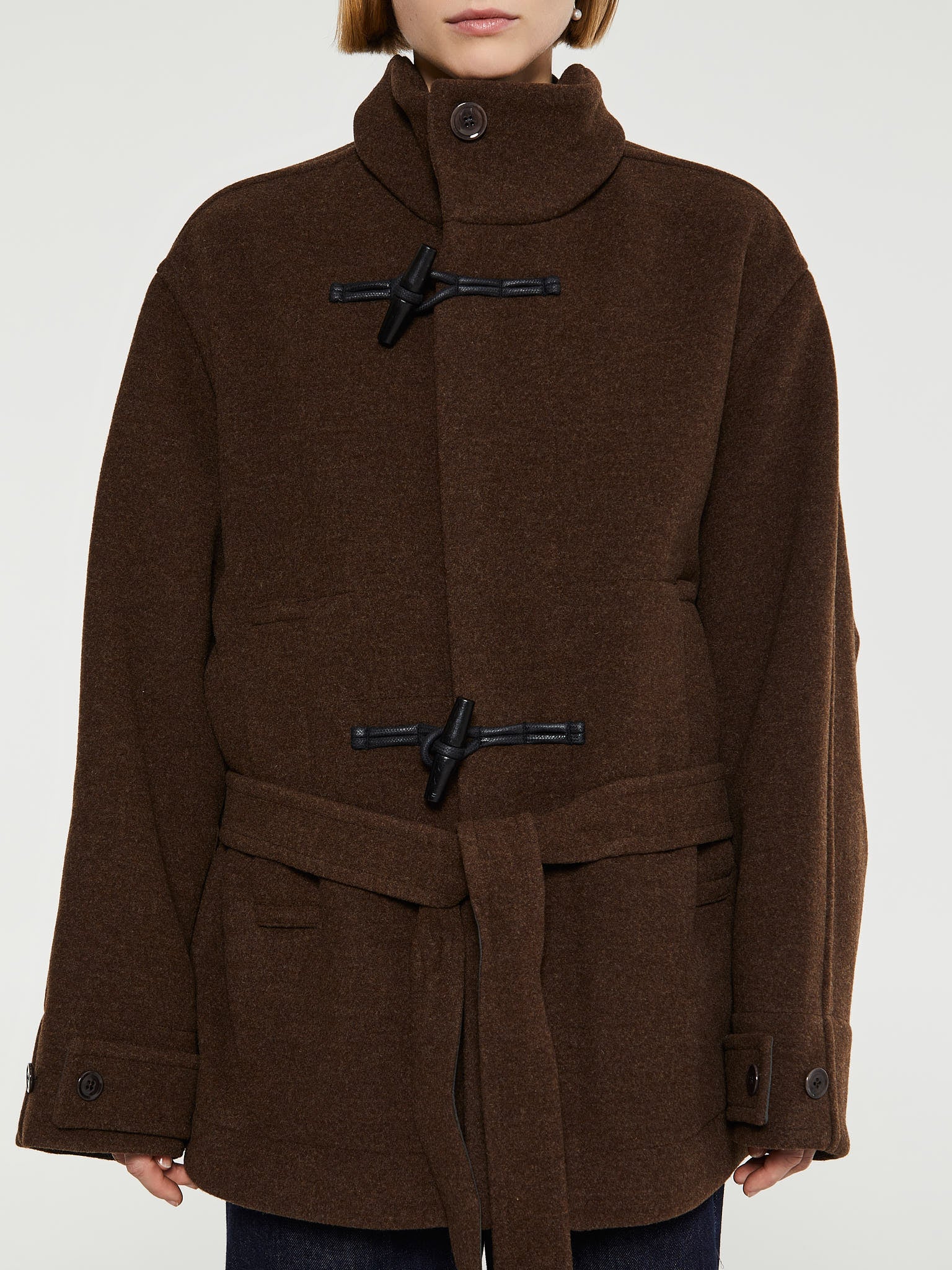 Lemaire - Short Bathrobe Duffle Coat with Contrast Stitch in Brown