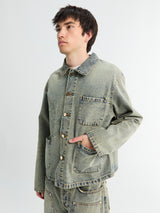 Meta Campania Collective - Bill Cropped Teawash Denim Workwear Jacket in Blue Teawash