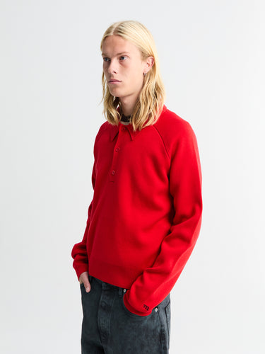 Meta Campania Collective - Jed Longsleeved Mercirised Merino Polo Shirt in Poppy Red