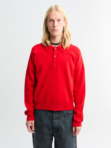 Meta Campania Collective - Jed Longsleeved Mercirised Merino Polo Shirt in Poppy Red
