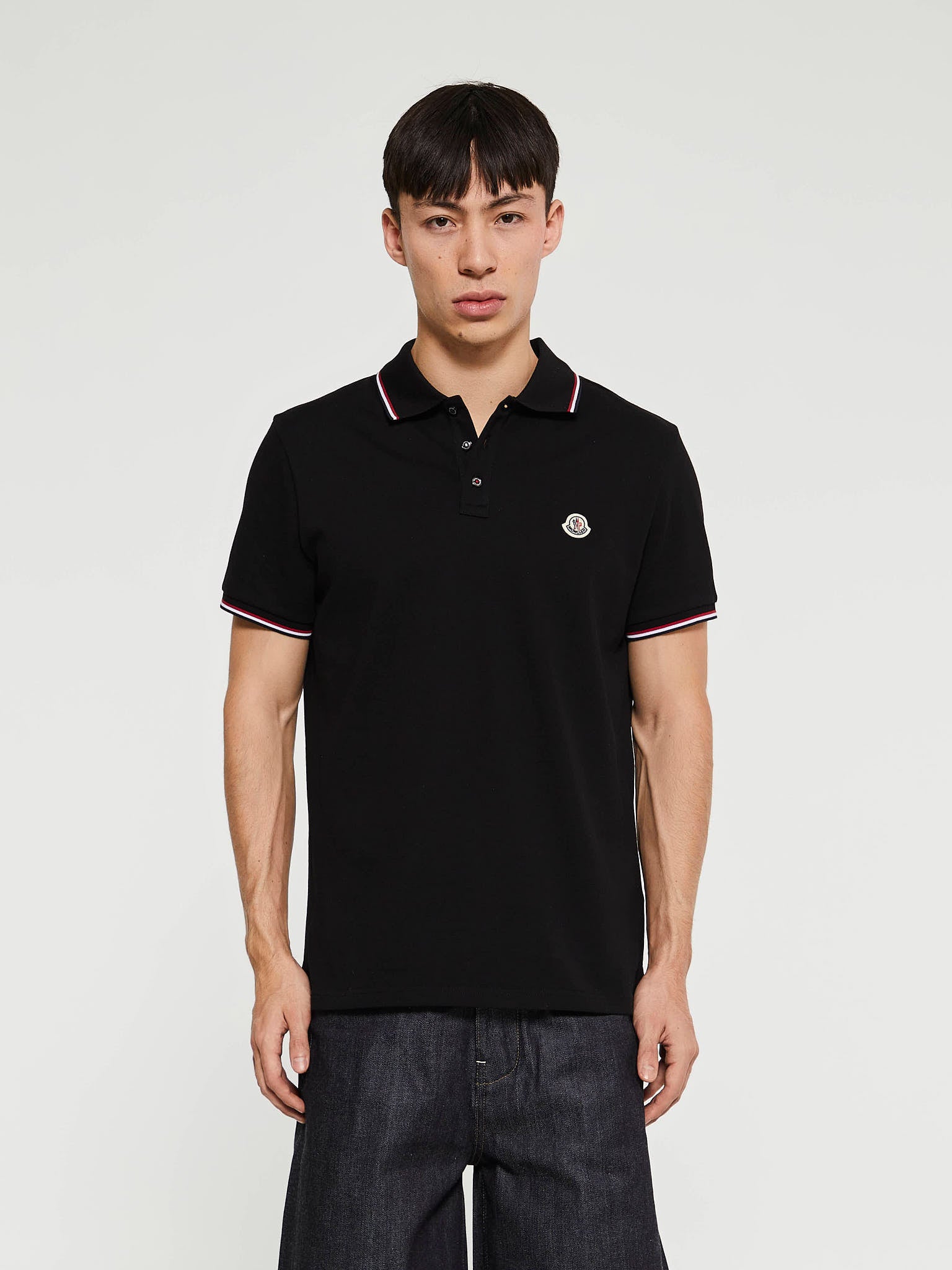 Moncler - Tricolour-Trimmed Cotton Piquet Polo Shirt in Black