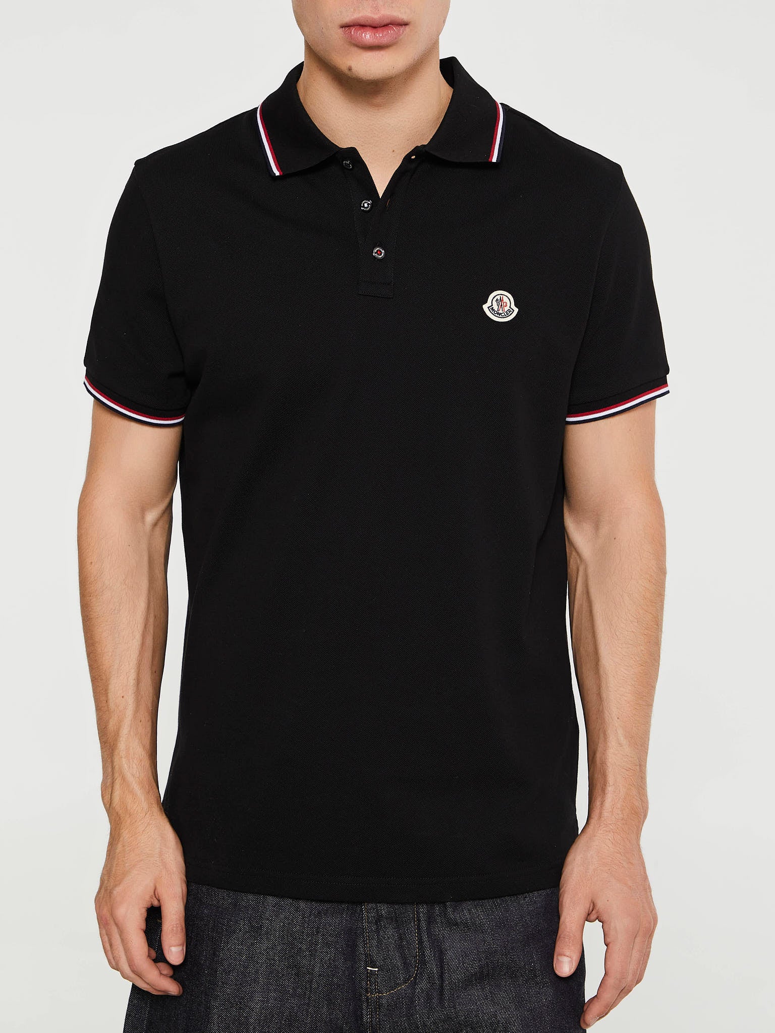 Moncler - Tricolour-Trimmed Cotton Piquet Polo Shirt in Black