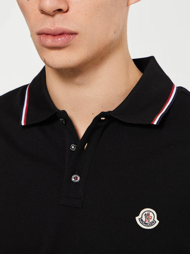 Moncler - Tricolour-Trimmed Cotton Piquet Polo Shirt in Black