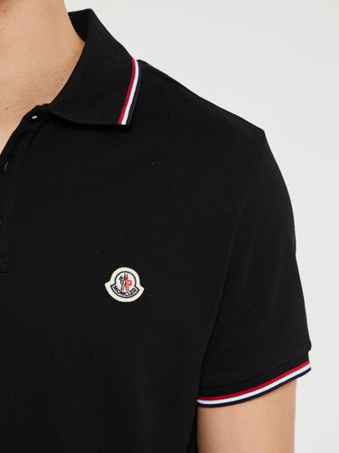 Moncler - Tricolour-Trimmed Cotton Piquet Polo Shirt in Black