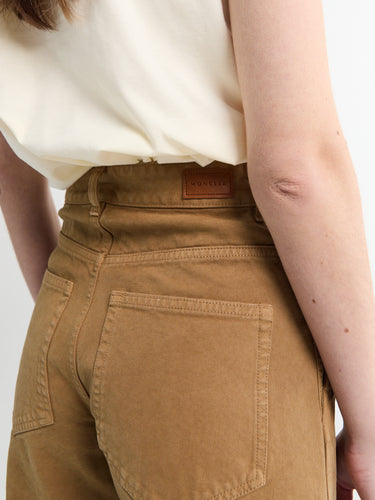 Moncler - Leather Logo Cotton Trousers in Brown