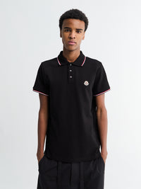 Moncler - Tricolour-Trimmed Cotton Piquet Polo Shirt in Black