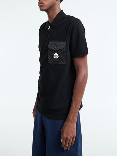 Cotton Piquet Polo Shirt with Pocket in Black