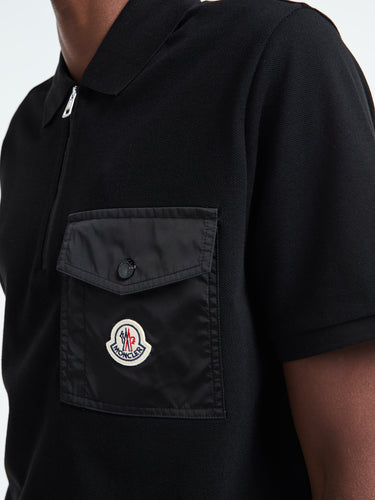 Cotton Piquet Polo Shirt with Pocket in Black