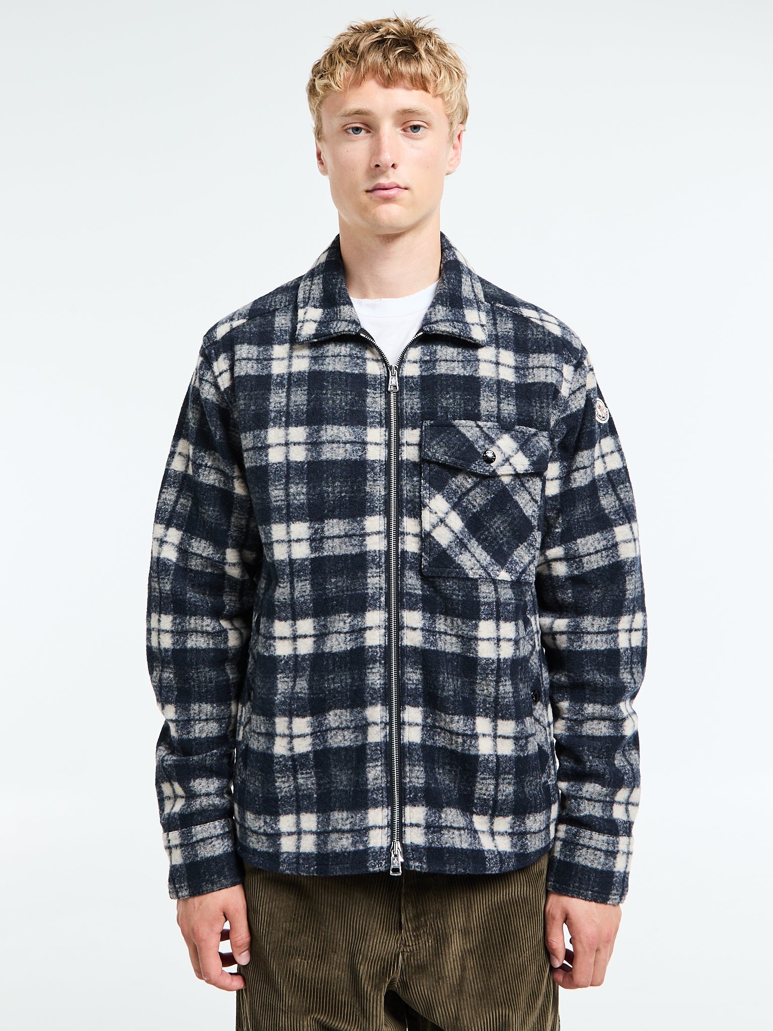 Moncler - Long Sleeve Tartan Shirt in White and Blue